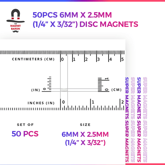 50pcs 6mm x 2.5mm (Approximately 1/4" x 3/32") Disc Magnets - Magnet Baron