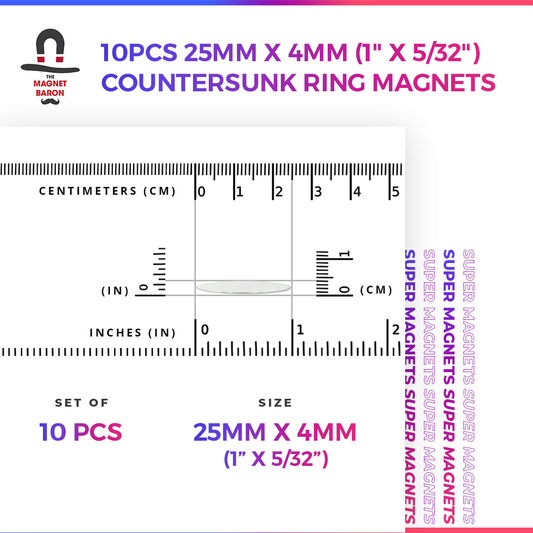 10pcs 25mm x 4mm (Approximately 1" x 5/32") Countersunk Ring Magnets