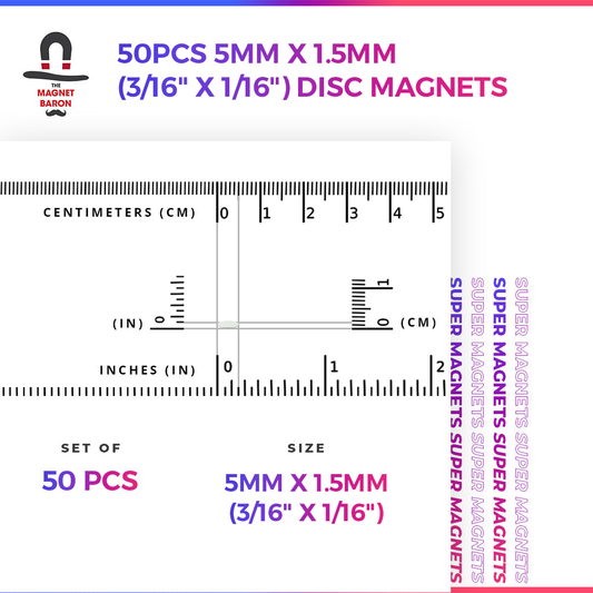 50pcs 5mm x 1.5mm (Approximately 3/16" x 1/16") Disc Magnets