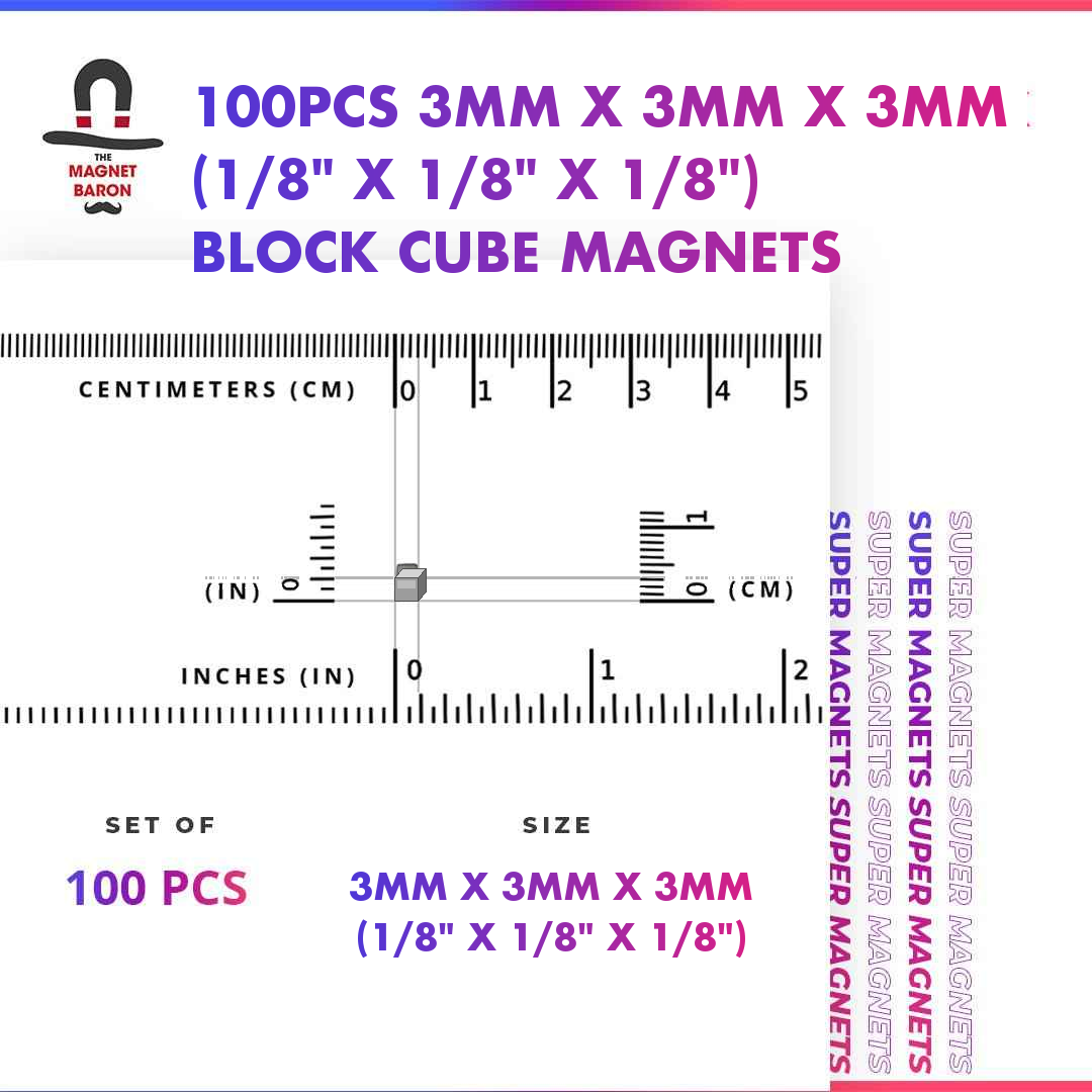 100pcs 3mm x 3mm x 3mm N52 neodymium block cube magnets with size ruler