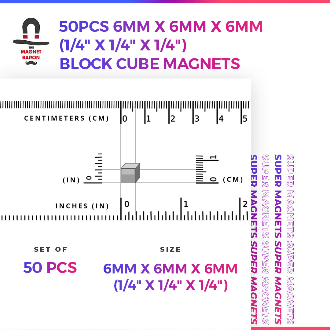 50pcs 6mm x 6mm x 6mm N52 neodymium block cube magnets with size ruler