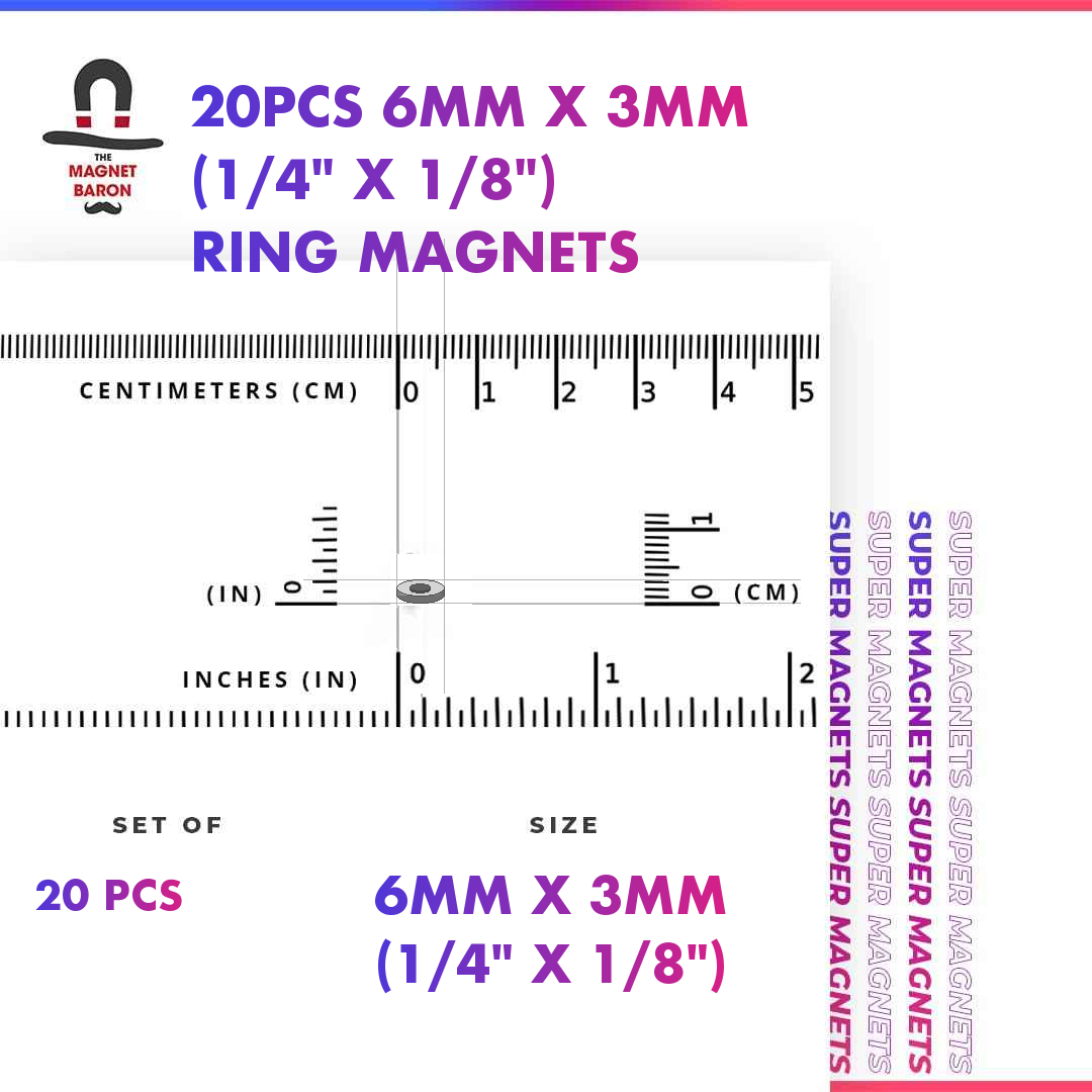 20pcs 6mm x 3mm N52 diametrically magnetized ring magnets with size ruler