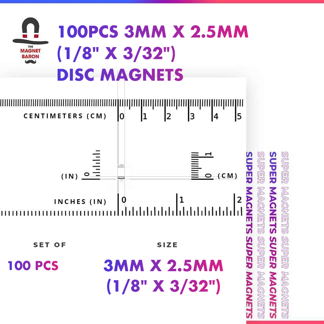 100pcs 3mm x 2.5mm N52 neodymium disc magnets with size ruler