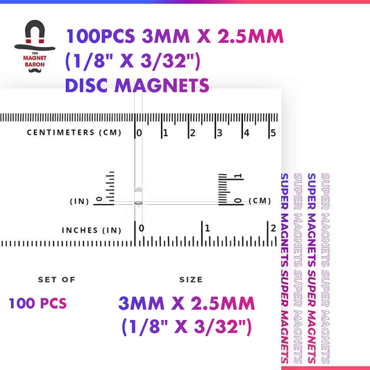 100pcs 3mm x 2.5mm N52 neodymium disc magnets with size ruler