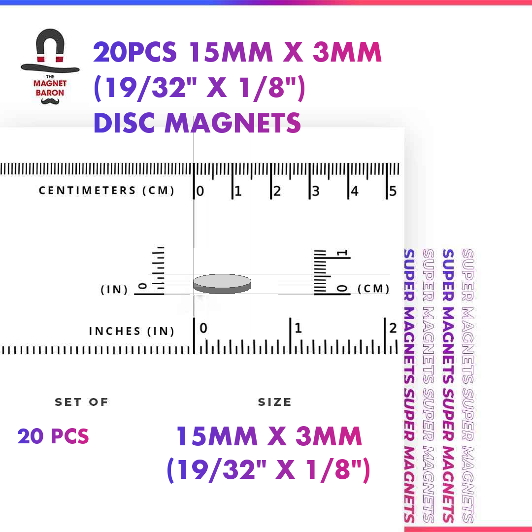 20pcs 15mm x 3mm N52 neodymium disc magnets with size ruler
