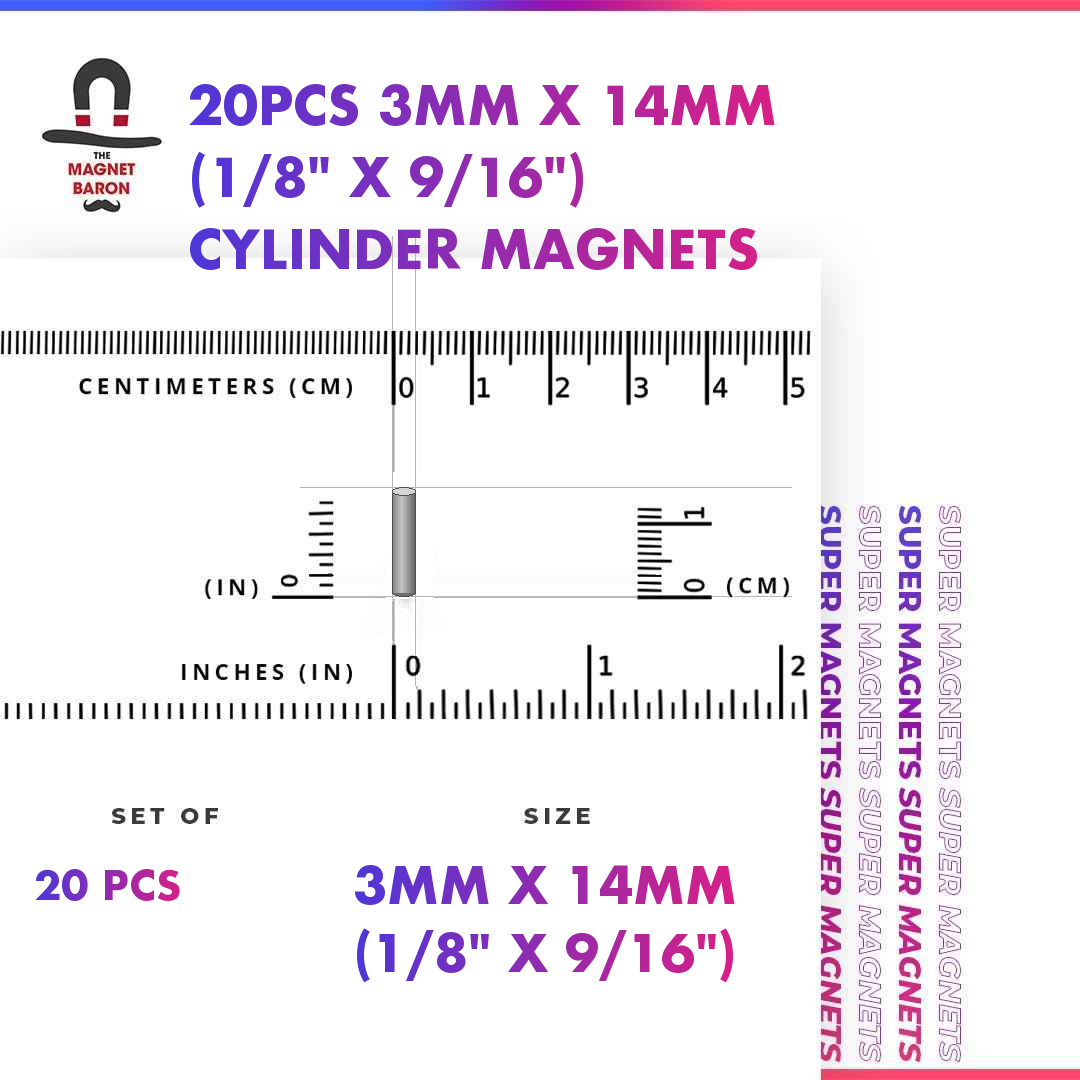 20pcs 3mm x 14mm N52 neodymium cylinder magnets with size ruler
