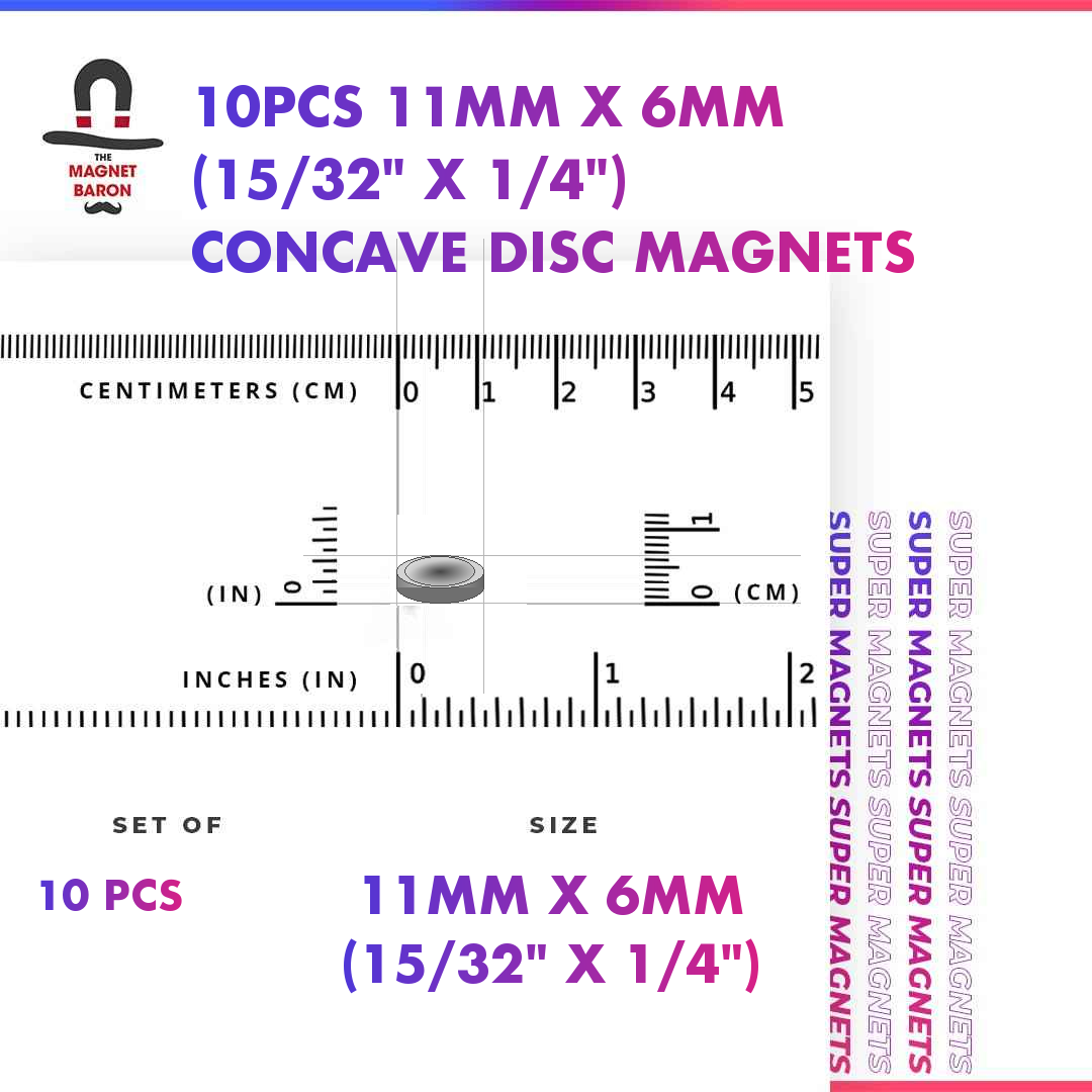 10pcs 11mm x 6mm N52 concave disc magnets north south split with size ruler