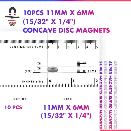 10pcs 11mm x 6mm N52 concave disc magnets north south split with size ruler