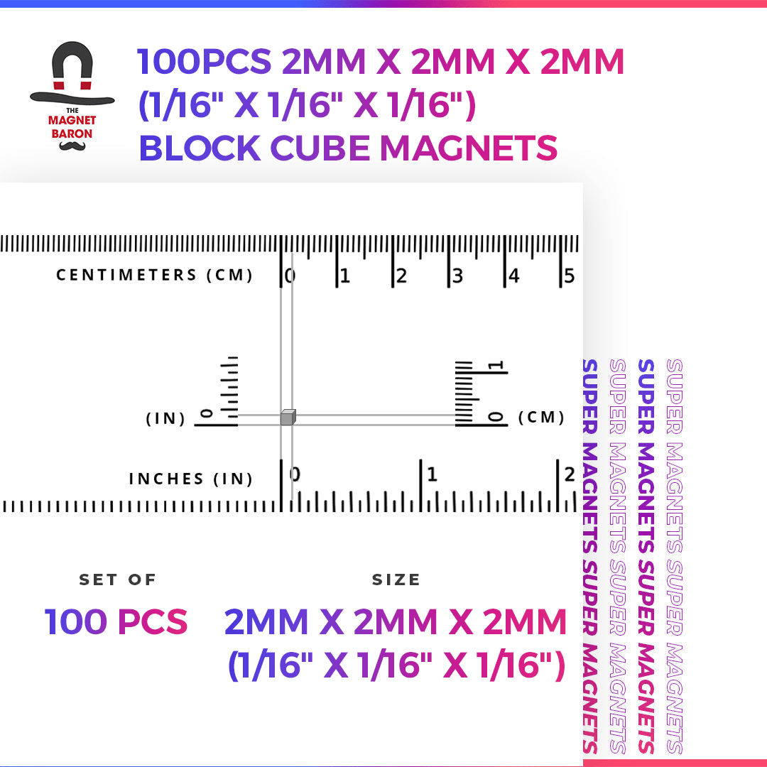 100pcs 2mm x 2mm x 2mm N52 neodymium block cube magnets with size ruler