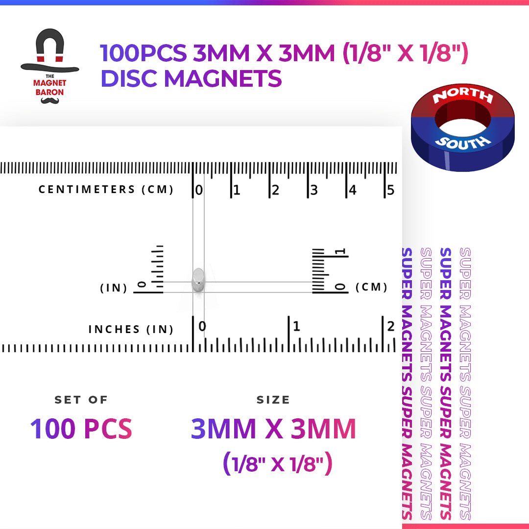 Engineering - Special - Diametrically Magnetized - 100pcs 3mm x 3mm (Approximately 1/8" x 1/8") Disc Magnets - Magnet Baron