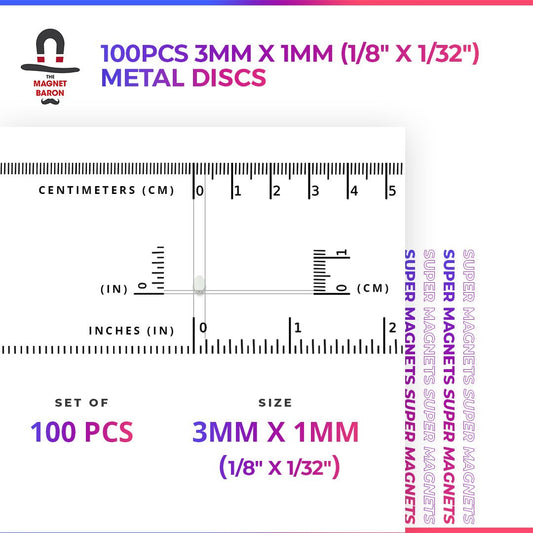Metal Discs 100pcs 3mm x 1mm (Approximately 1/8" x 1/32") - Magnet Baron