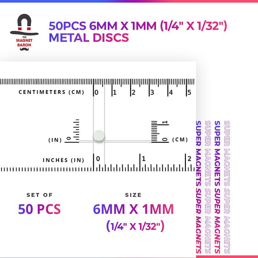 Metal Discs 50pcs 6mm x 1mm (Approximately 1/4" x 1/32") - Magnet Baron