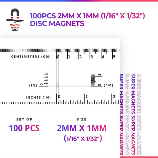 100pcs 2mm x 1mm (Approximately 1/16" x 1/32") Disc Magnets - Magnet Baron