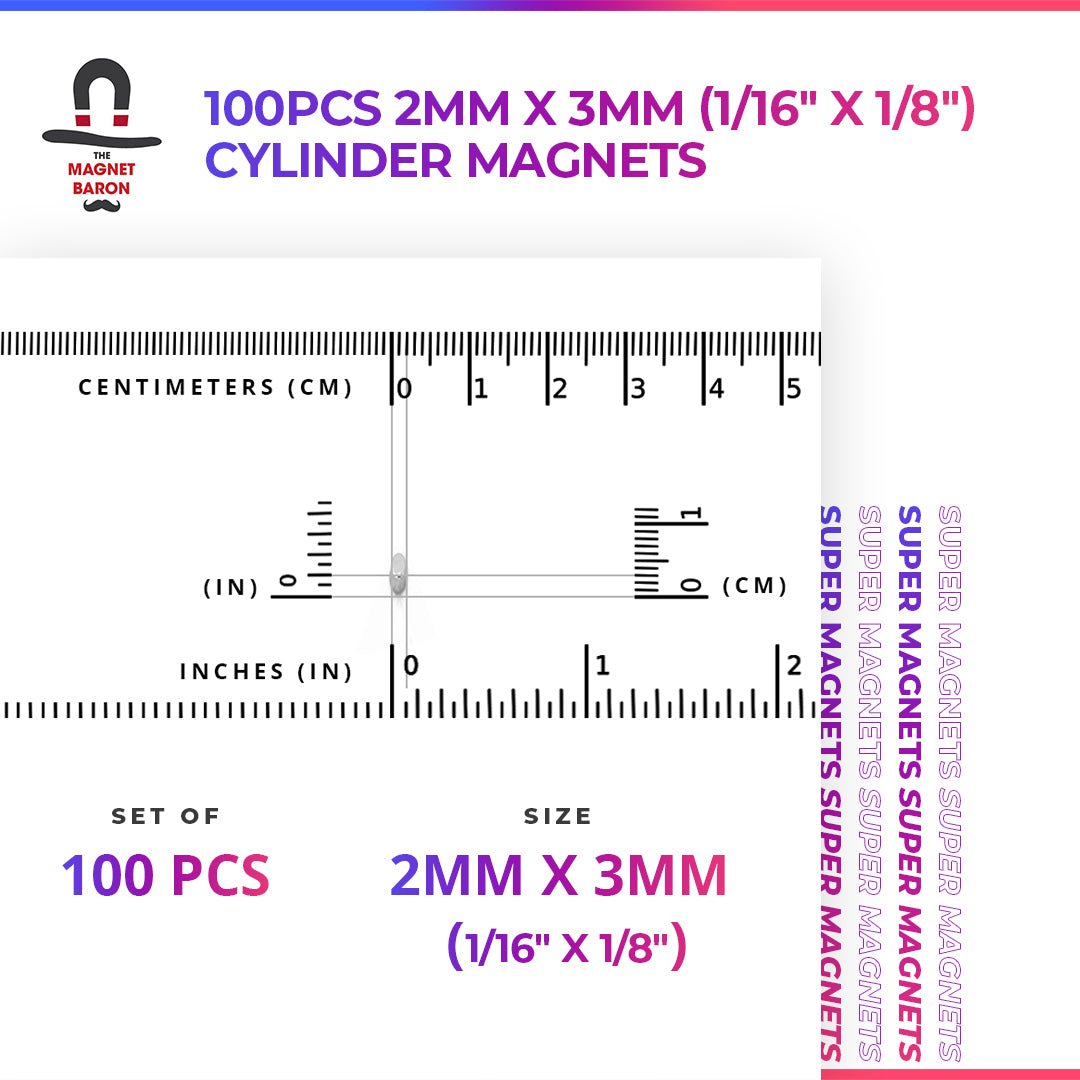 100pcs 2mm x 3mm (Approximately 1/16" x 1/8") Cylinder Magnets - Magnet Baron