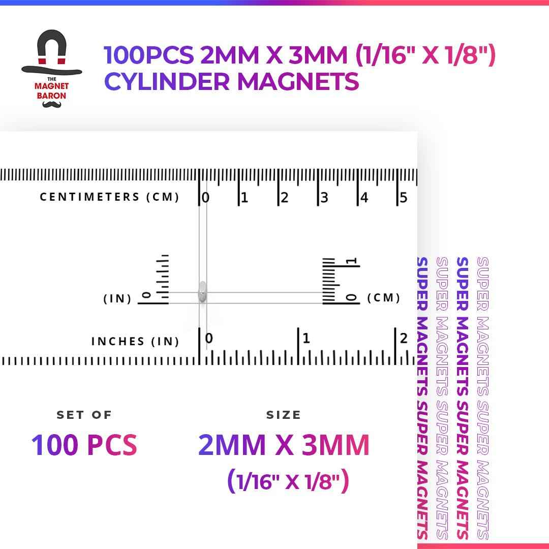 100pcs 2mm x 3mm (Approximately 1/16" x 1/8") Cylinder Magnets