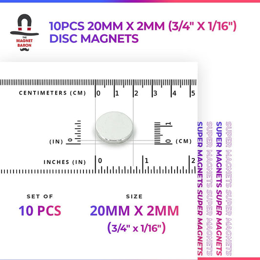 10pcs 20mm x 2mm (Approximately 3/4" x 1/16") Disc Magnets - Magnet Baron