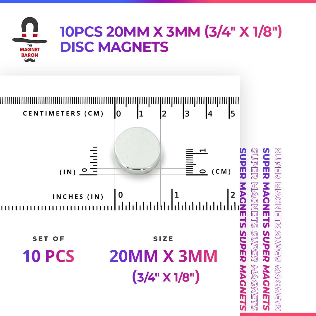 10pcs 20mm x 3mm (Approximately 3/4" x 1/8") Disc Magnets - Magnet Baron