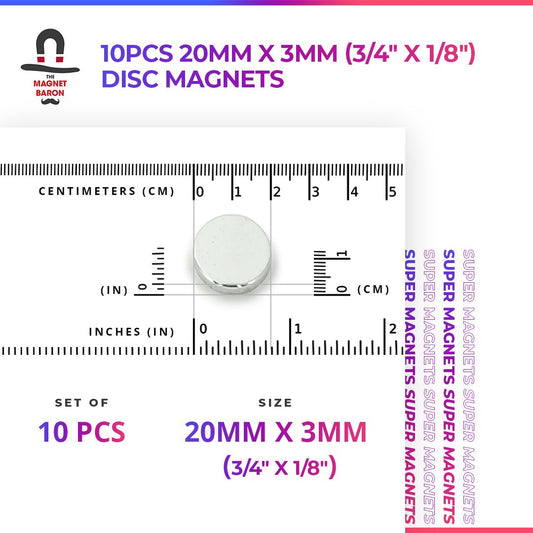 10pcs 20mm x 3mm (Approximately 3/4" x 1/8") Disc Magnets - Magnet Baron