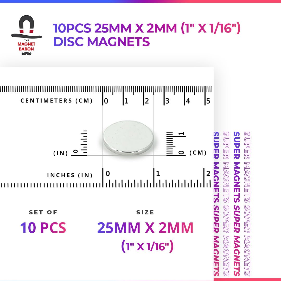 10pcs 25mm x 2mm (Approximately 1" x 1/16") Disc Magnets - Magnet Baron