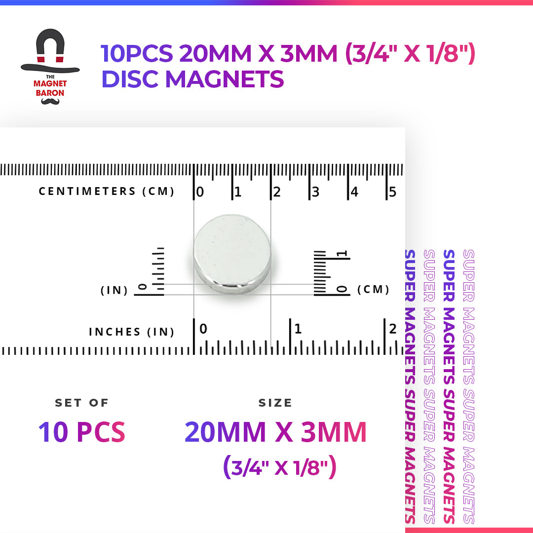 10pcs 20mm x 3mm (Approximately 3/4" x 1/8") Disc Magnets