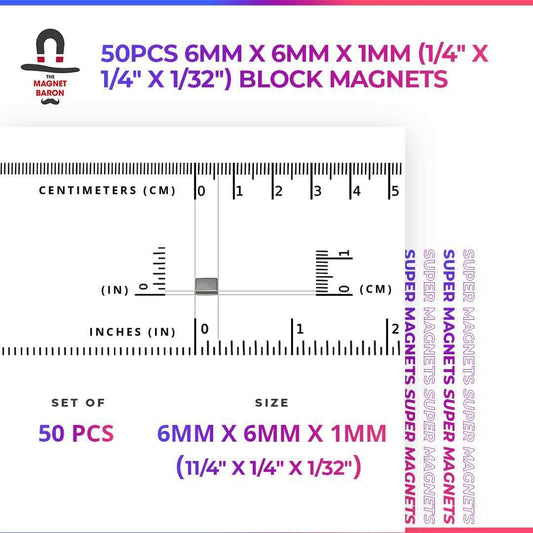 50pcs 6mm x 6mm x 1mm (Approximately 1/4" x 1/4" x 1/32") Block Magnets