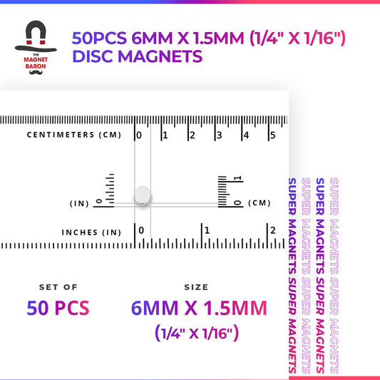 50pcs 6mm x 1.5mm (Approximately 1/4" x 1/16") Disc Magnets