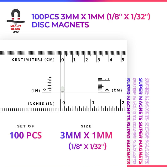 100pcs 3mm x 1mm (1/8" x 1/32") Disc Magnets