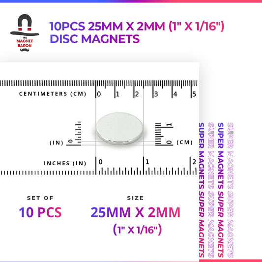 10pcs 25mm x 2mm (Approximately 1" x 1/16") Disc Magnets