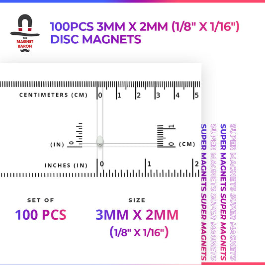 Diametrically Magnetized - 100pcs 3mm x 2mm (1/8" x 1/16") Disc Magnets