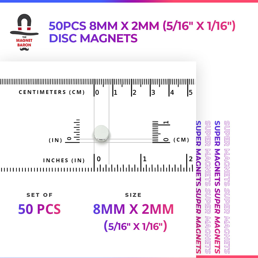 50pcs 8mm x 2mm (Approximately 5/16" x 1/16") Disc Magnets