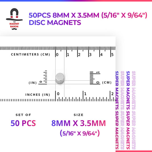 50pcs 8mm x 3.5mm (Approximately 5/16" x 9/64") Disc Magnets