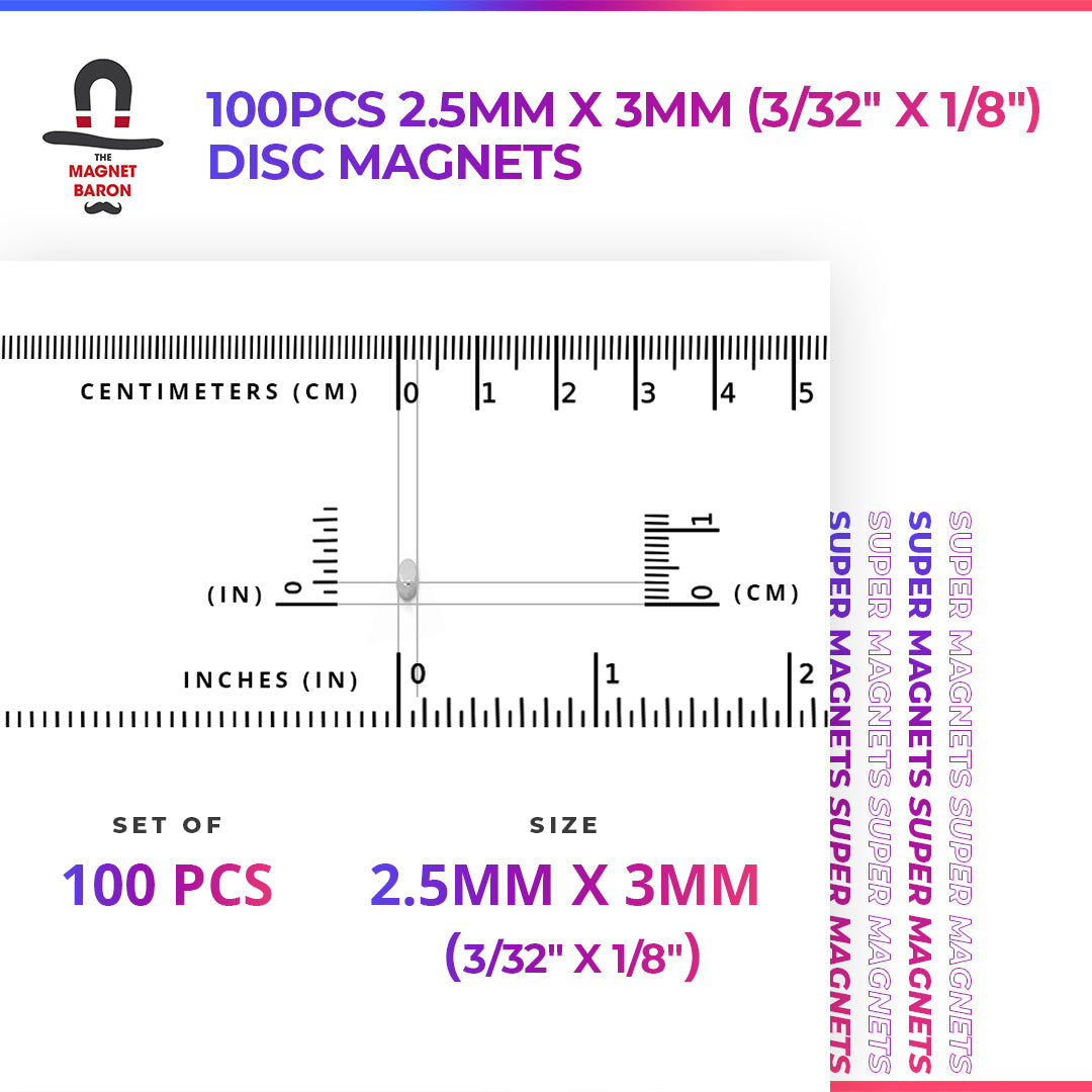 100pcs 2.5mm x 3mm (Approximately 3/32" x 1/8") Disc Magnets