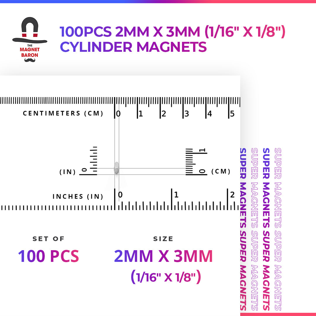 100pcs 2mm x 3mm (Approximately 1/16" x 1/8") Cylinder Magnets