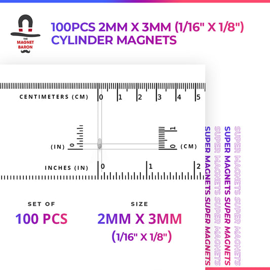 100pcs 2mm x 3mm (Approximately 1/16" x 1/8") Cylinder Magnets