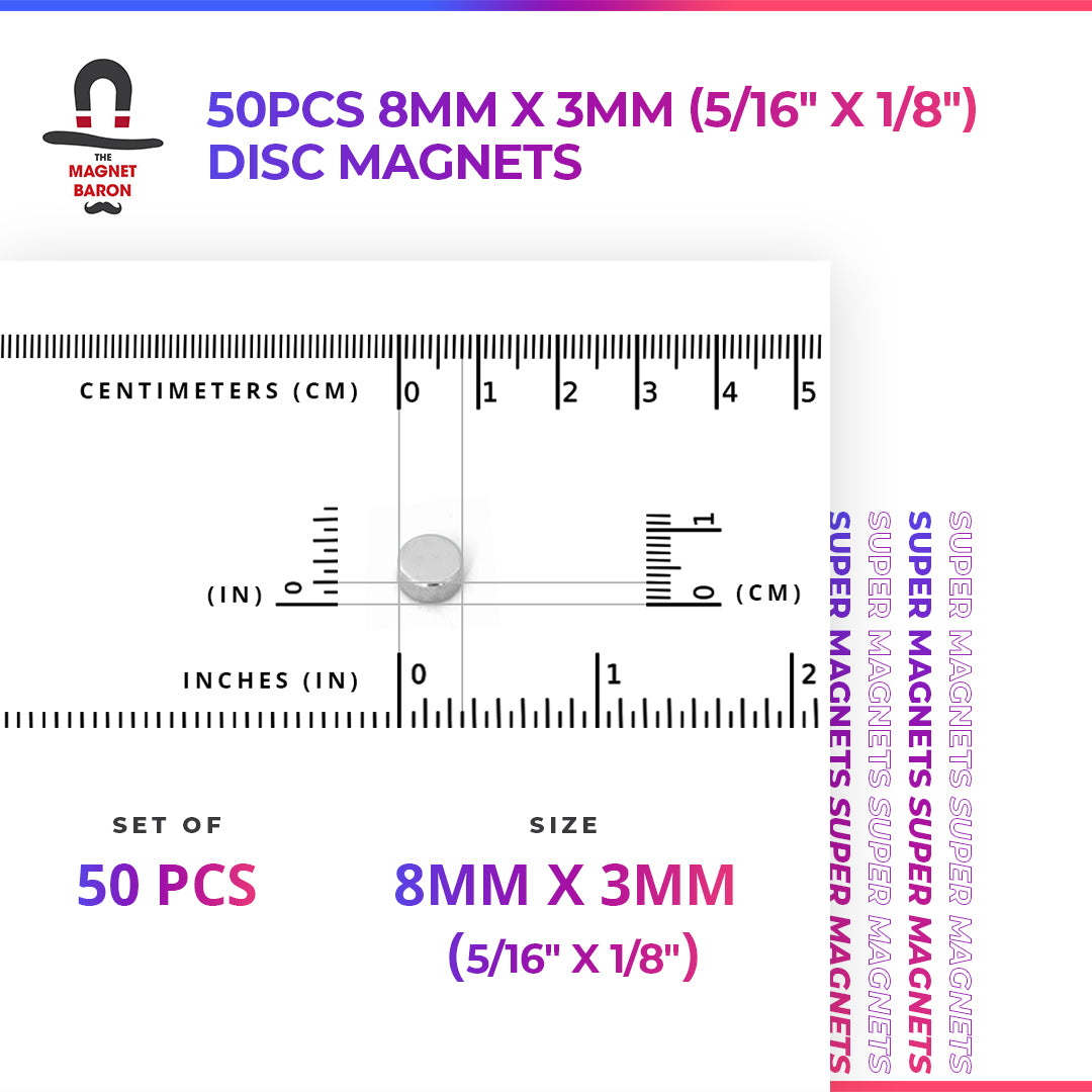 50pcs 8mm x 3mm (Approximately 5/16" x 1/8") Disc Magnets