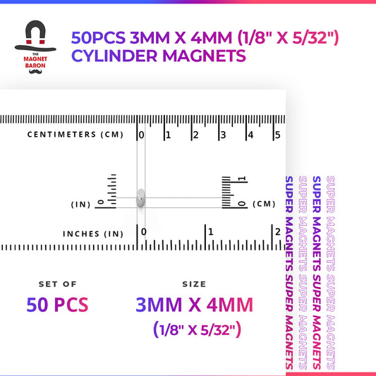 Diametrically Magnetized - 50pcs 3mm x 4mm (1/8" x 5/32") Cylinder Magnets