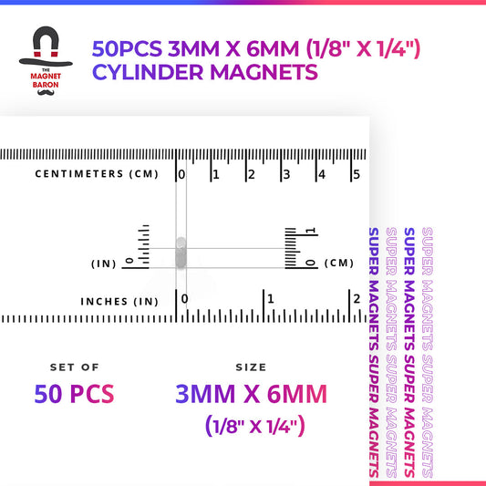 Diametrically Magnetized - 50pcs 3mm x 6mm (1/8" x 1/4") Cylinder Magnets