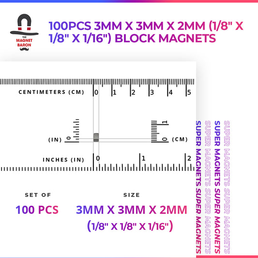 100pcs 3mm x 3mm x 2mm (1/8x1/8x1/16") Block Magnets