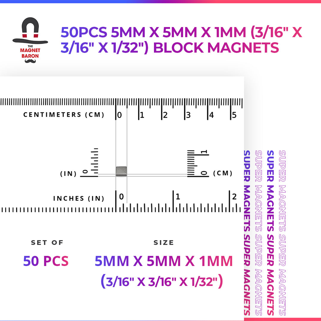 50pcs 5mm x 5mm x 1mm (Approximately 3/16" x 3/16" x 1/32") Block Magnets