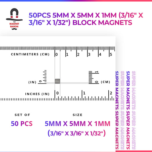 50pcs 5mm x 5mm x 1mm (3/16" x 3/16" x 1/32") Block Magnets