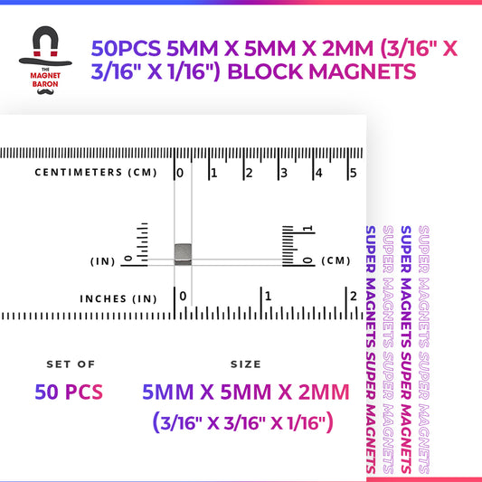 50pcs 5mm x 5mm x 2mm (Approximately 3/16" x 3/16" x 1/16") Block Magnets