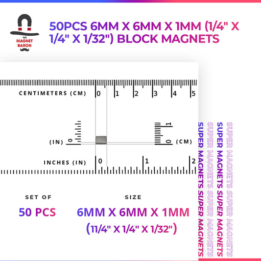 50pcs 6mm x 6mm x 1mm (Approximately 1/4" x 1/4" x 1/32") Block Magnets