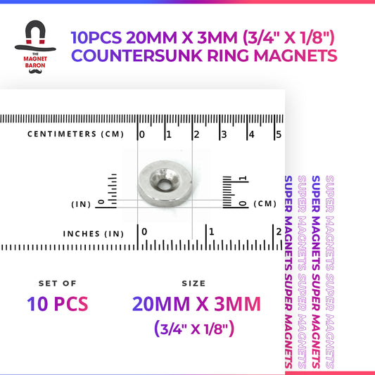 10pcs 20mm x 4mm (3/4" x 5/32") Countersunk Ring Magnets