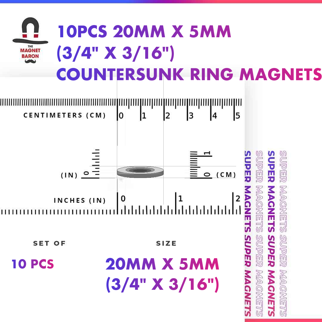 10pcs 20mm x 5mm countersunk ring magnets - N52 neodymium with screw hole