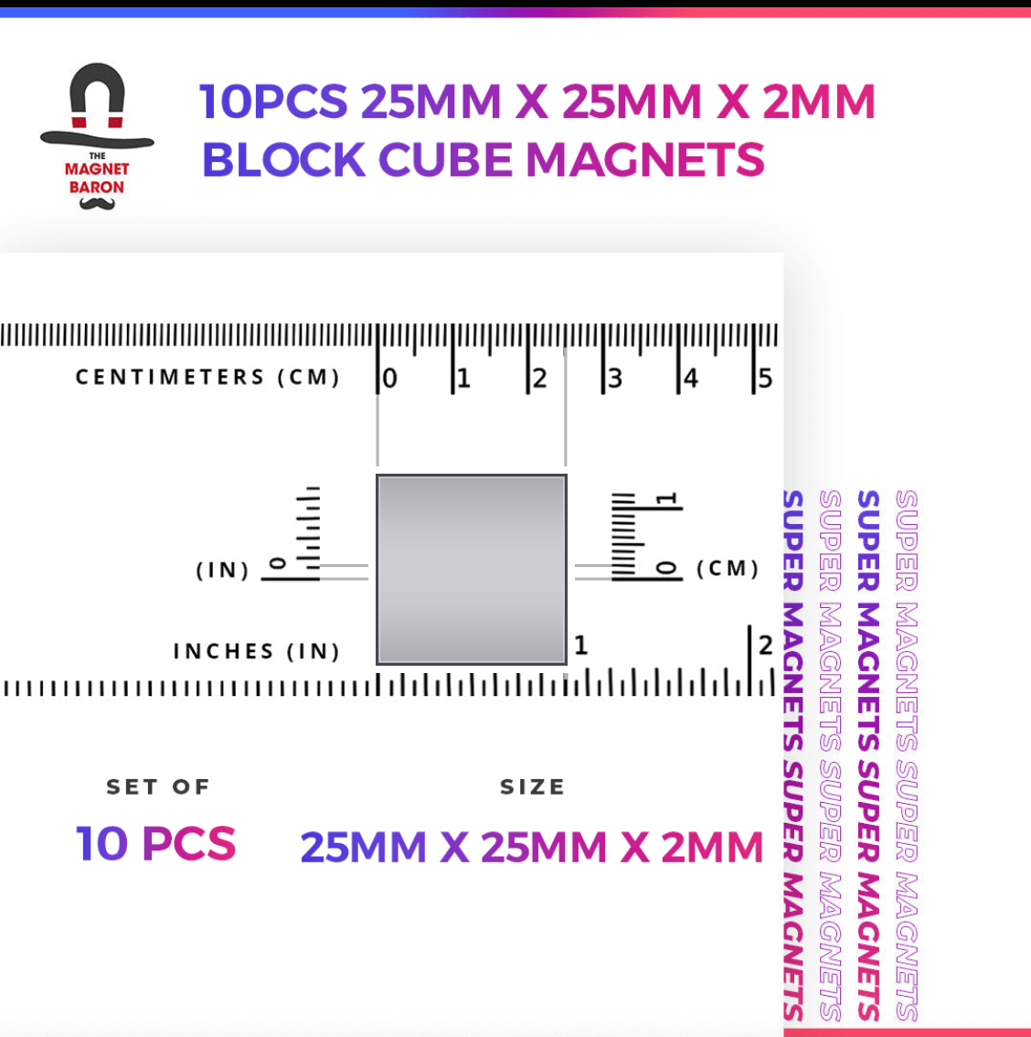 10pcs 25x25x2mm rare earth block magnets - N52 neodymium square magnets with 10.39lb pull force