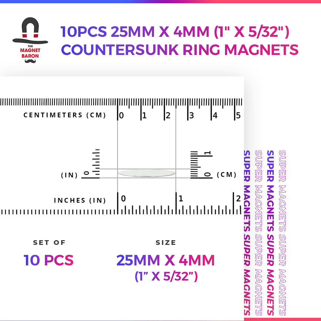 10pcs 25mm x 4mm (Approximately 1" x 5/32") Countersunk Ring Magnets - Magnet Baron