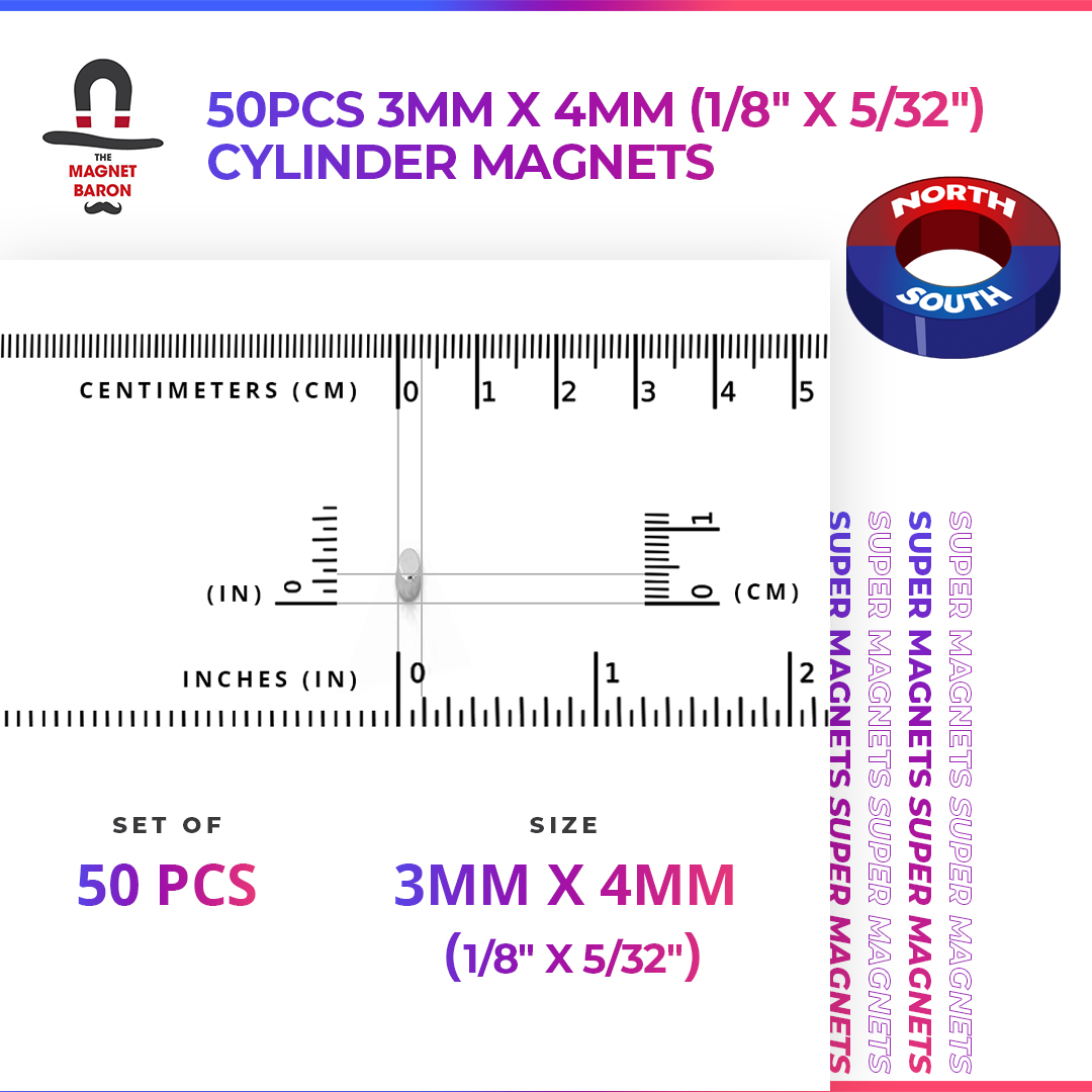 Engineering-Special - Diametrically Magnetized - 50pcs 3mm x 4mm (1/8" x 5/32") Cylinder Magnets