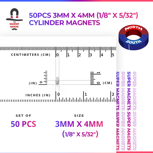 Engineering-Special - Diametrically Magnetized - 50pcs 3mm x 4mm (1/8" x 5/32") Cylinder Magnets