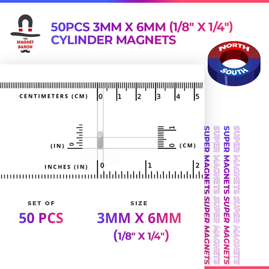 Engineering-Special - Diametrically Magnetized - 50pcs 3mm x 6mm (1/8" x 1/4") Cylinder Magnets