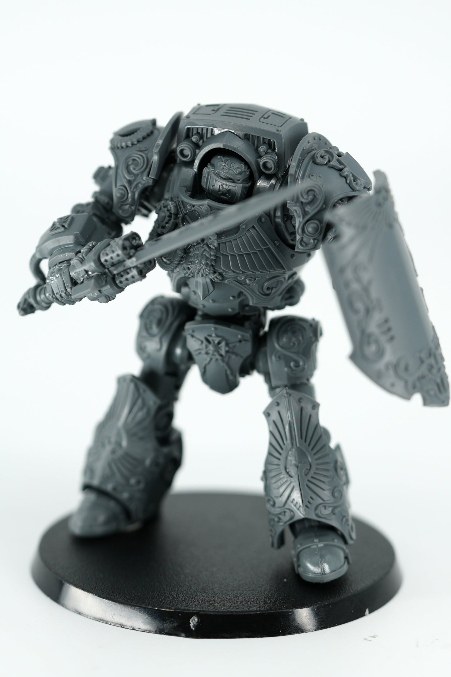 Custodian Dreadnought swapped to the Contemptor-Galatus sword and shield arms, finished model